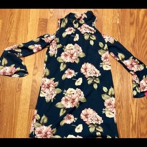 NAVY BLUE|LIGHT PINK HIBISCUS|COLD SHOULDER DRESS